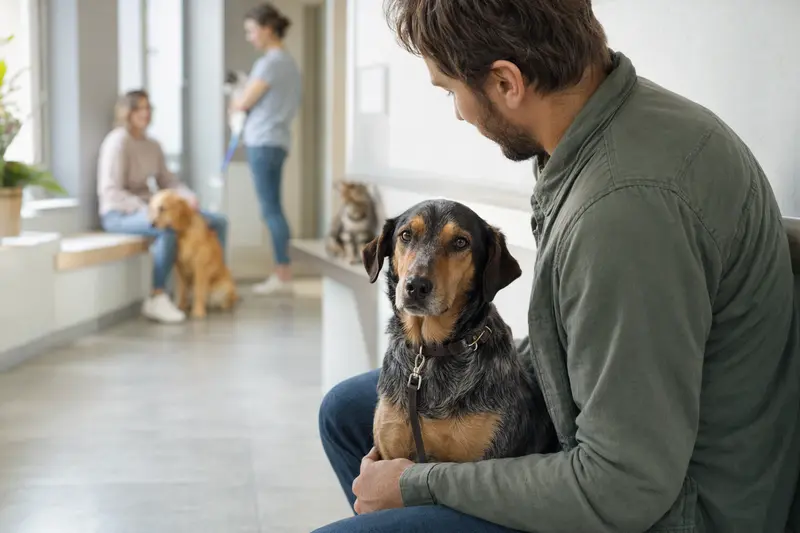 Ein Montenegrinischer Gebirgslaufhund sitzt ruhig neben seinem Besitzer im hellen Wartezimmer einer modernen Tierarztpraxis.